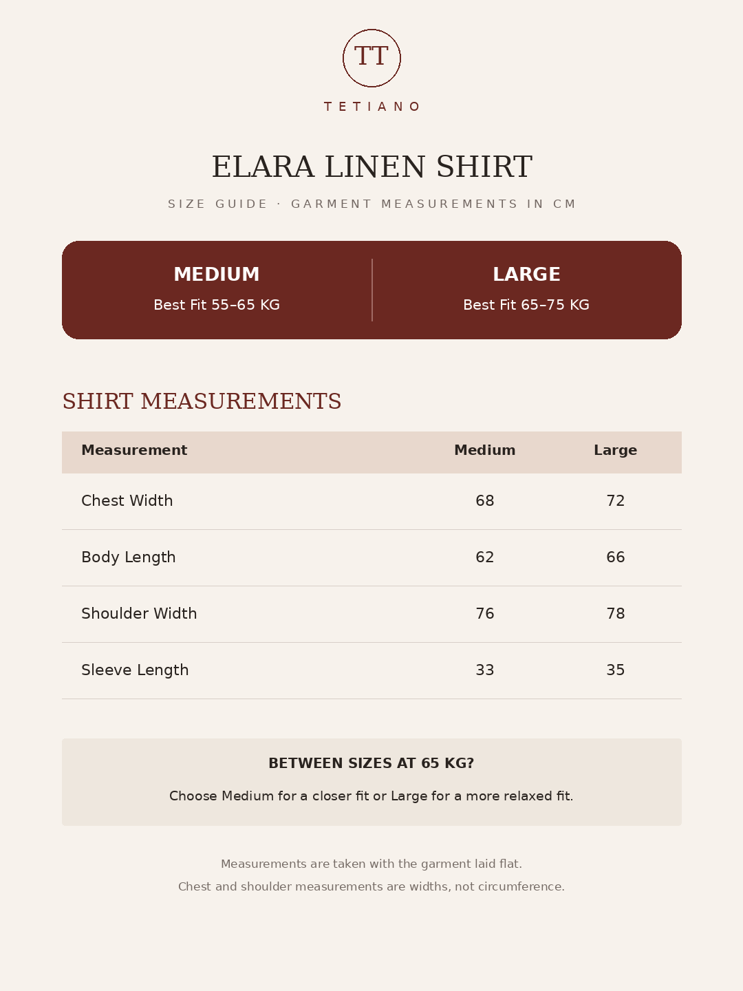 Elara Linen Shirt size guide with updated shoulder width measurements