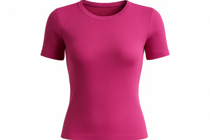 Generate a realistic product image of a women's top with the exact same cut, fit, and subtle ribbed Lycra texture as the model named “Basic Top”. Make sure to show the fine ribbing details clearly in the fabric. Keep all styling elements identical, including neckline, sleeve length, and overall silhouette. Change only the color to fuchsia. Studio lighting, flat-lay or on-model display is acceptable.

