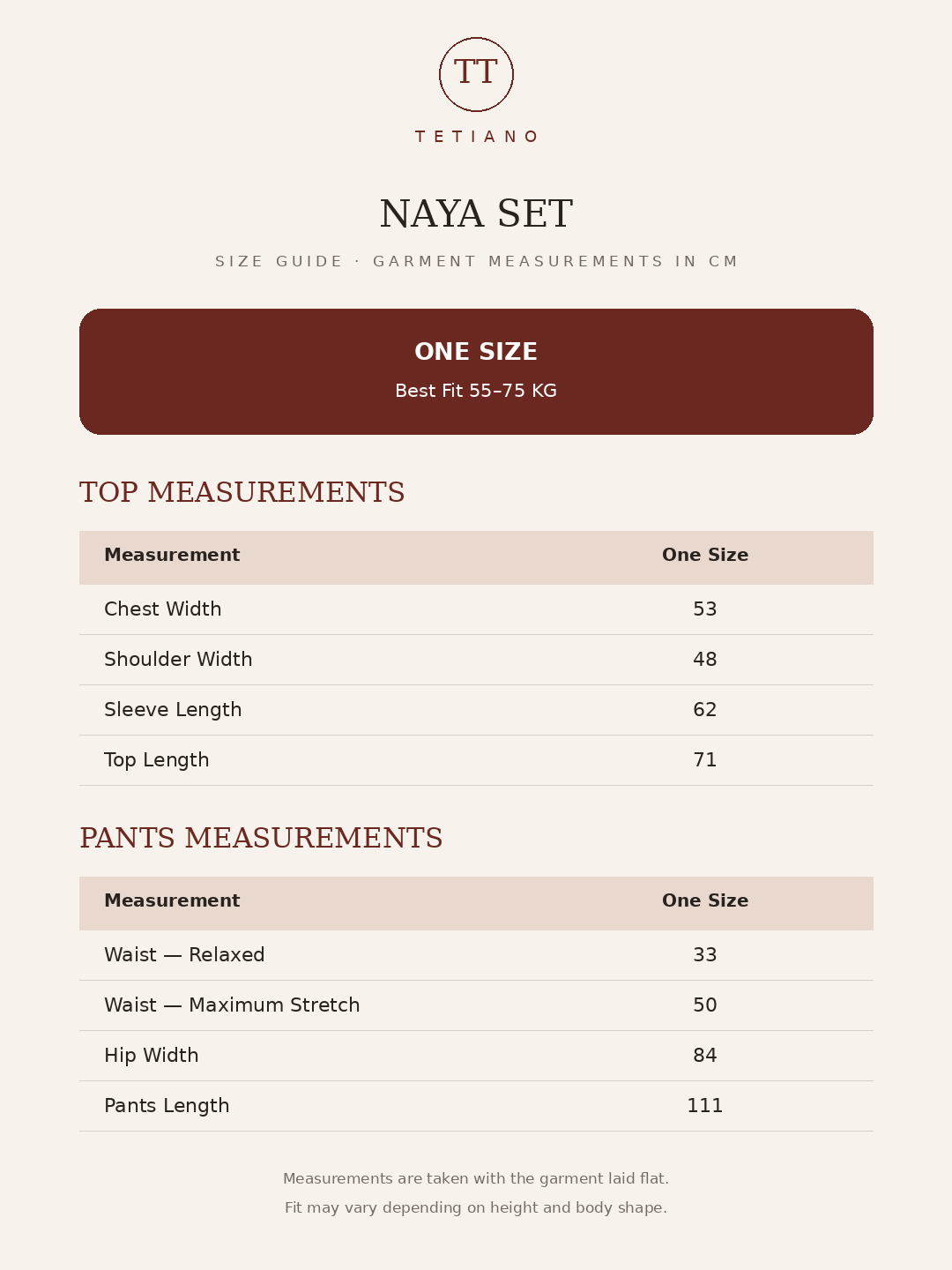 Naya Set size guide with one-size top and pants garment measurements in centimeters