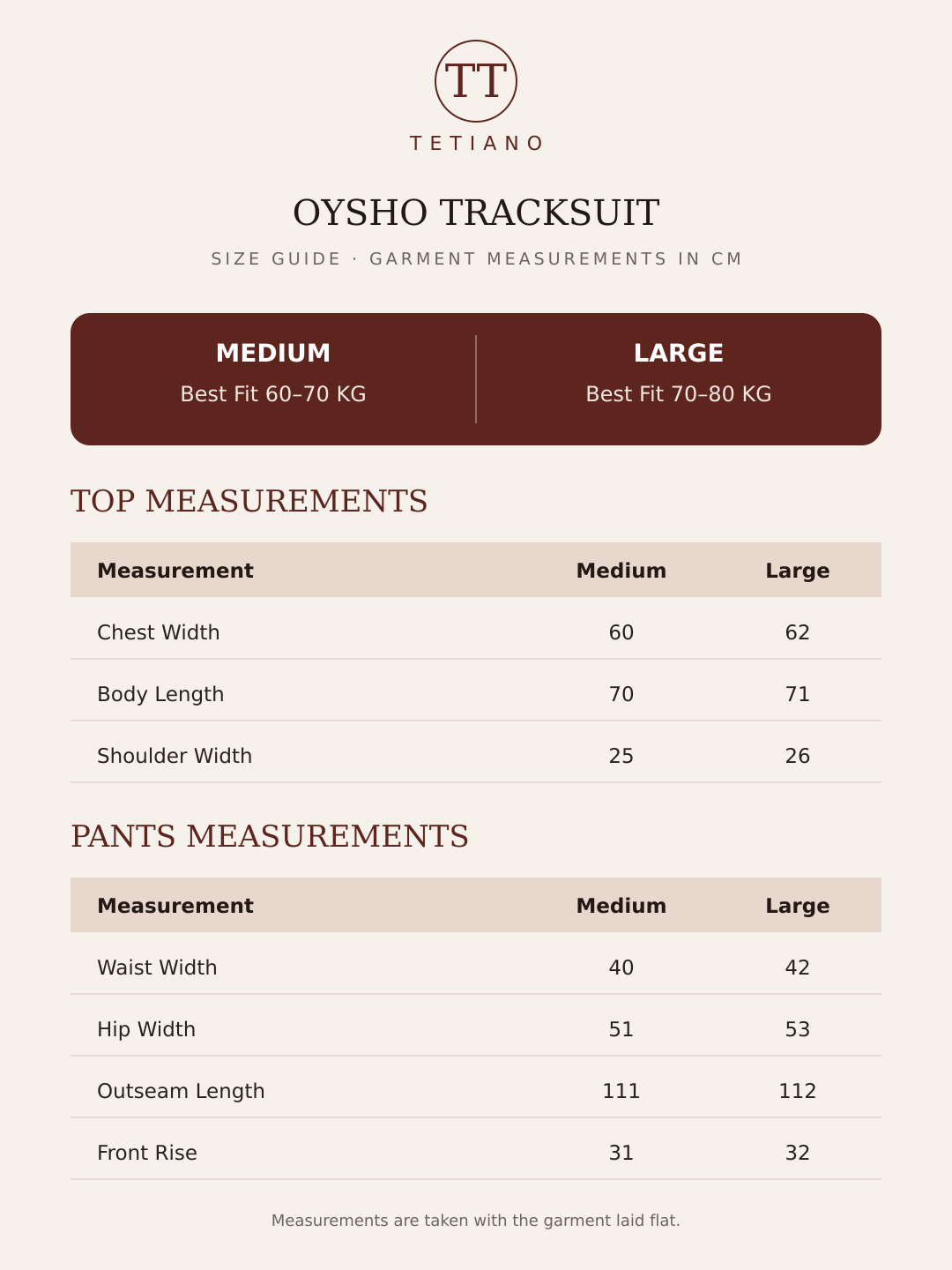 Oysho Tracksuit size guide with Medium and Large garment measurements