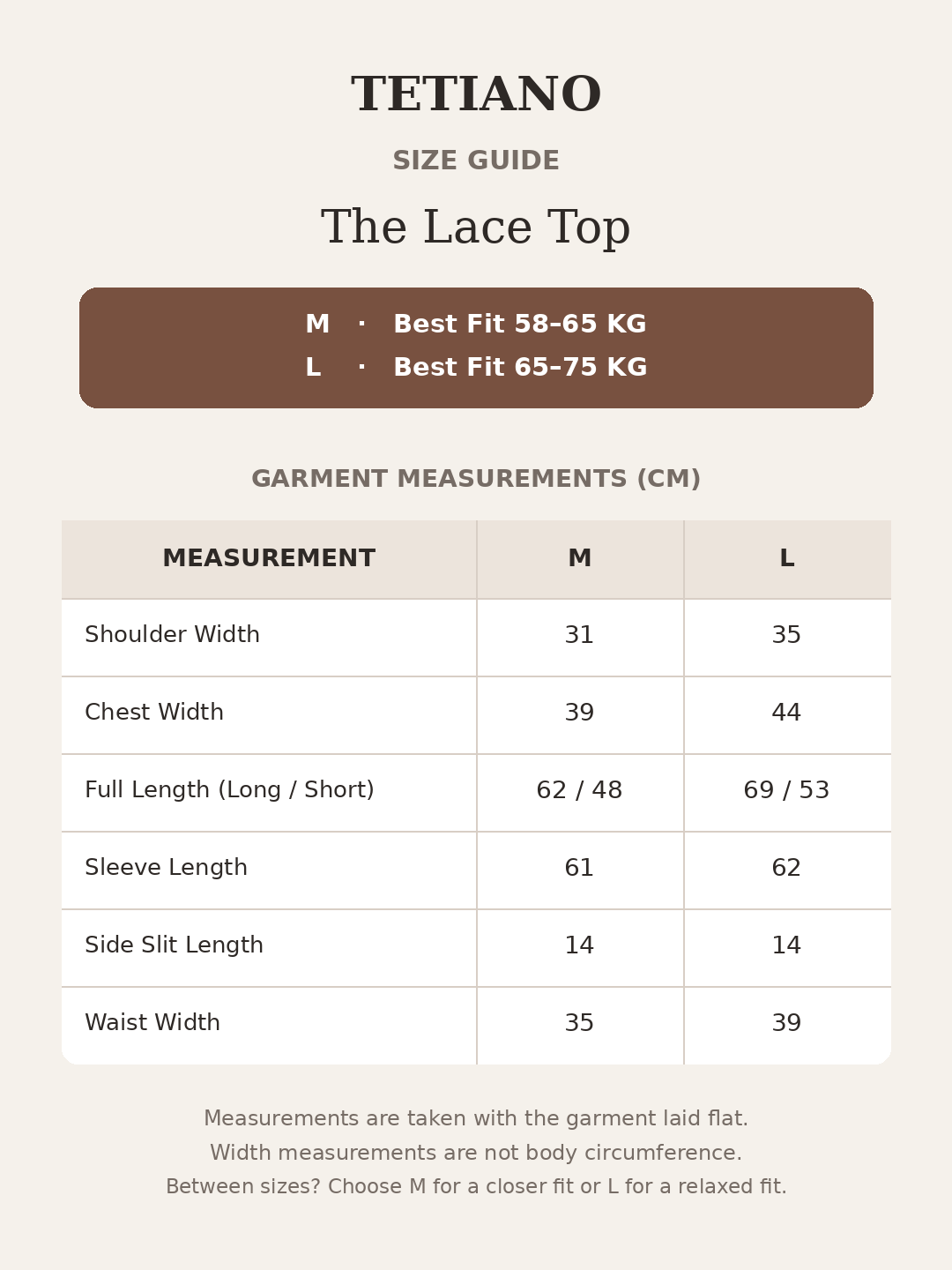 The Lace Top size guide with M and L garment measurements in centimeters