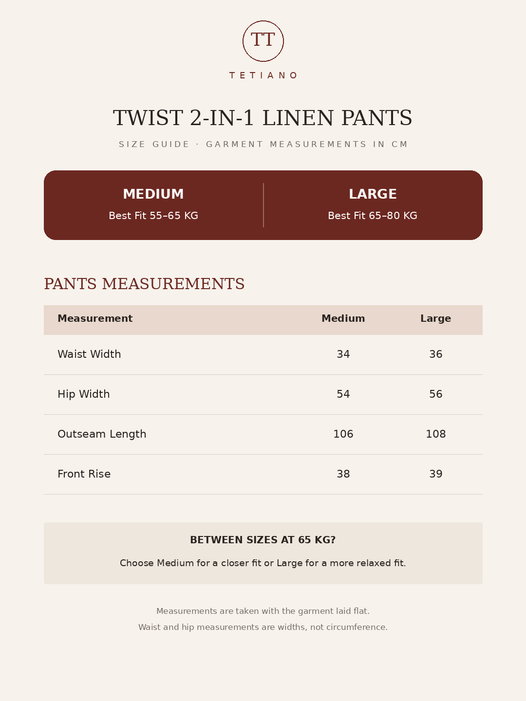 Twist 2-in-1 Linen Pants size guide with updated outseam length measurements